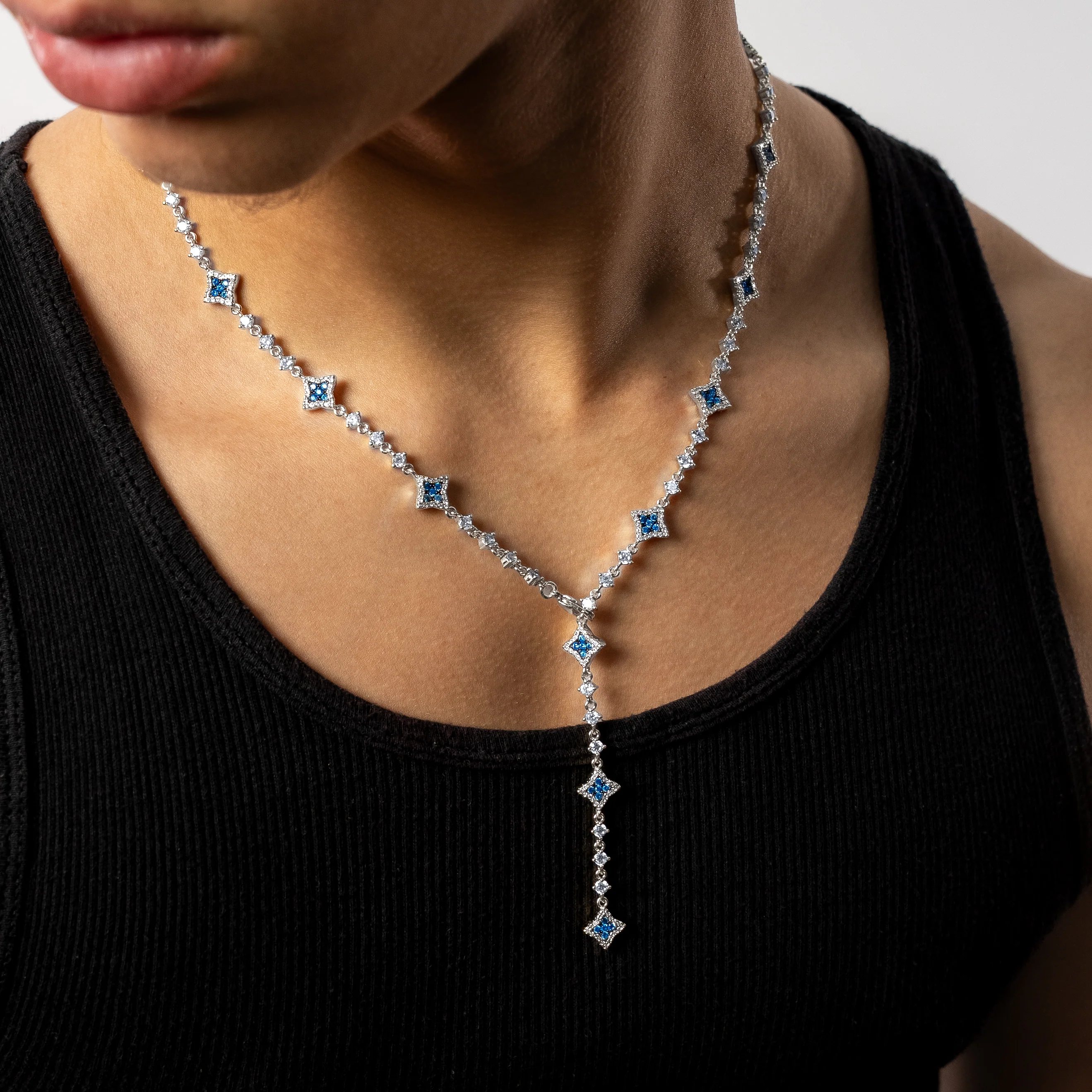 Lariat Flower Tennis Argenté - Pierres Bleues - Image 3